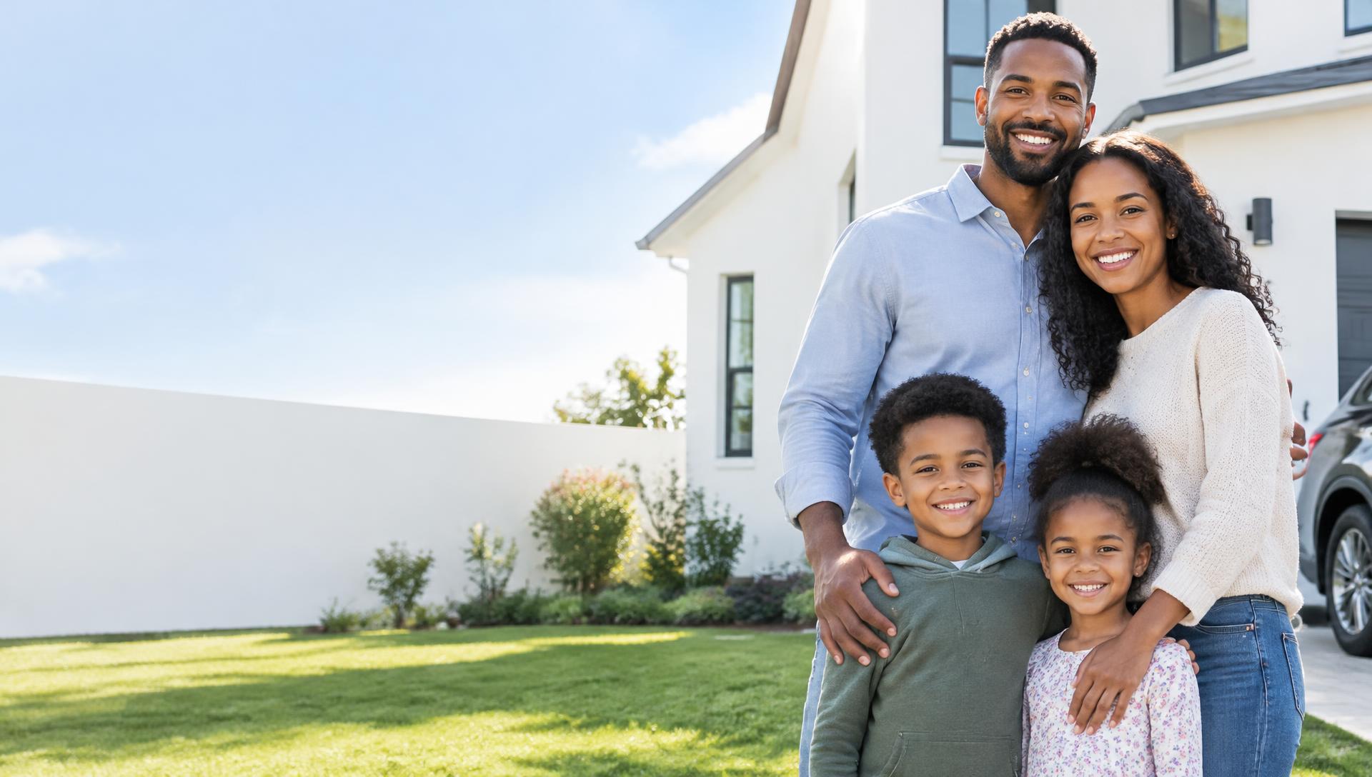 A smiling family outside a home